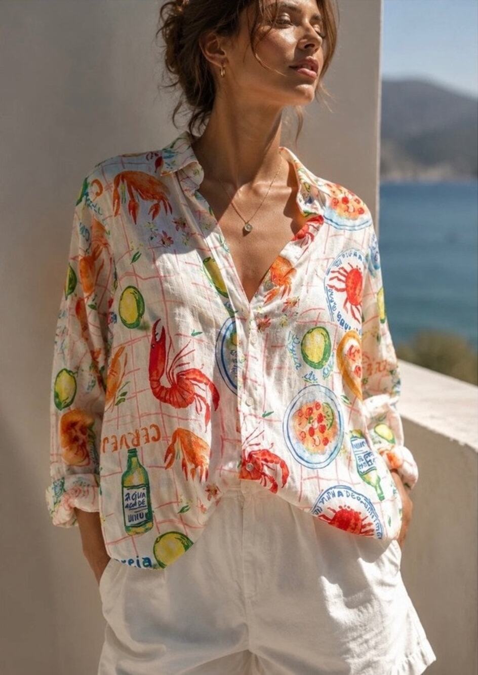 Calypso St Barth Linen Seafood Feast Lobster Crab Coastal Tunic Shirt Size M